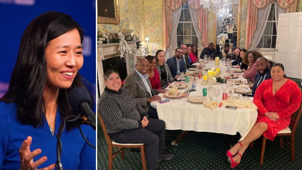 A collage of Boston Mayor Michelle Wu, left and attendees at her "people of color"